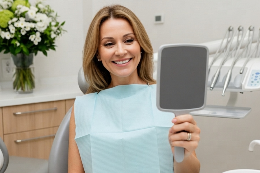 Paciente sorrindo após procedimento de reabilitação oral em São Luís para recuperação da estética e autoestima.